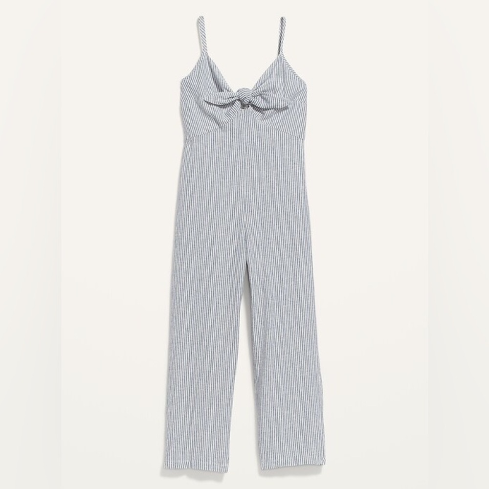 Striped Smocked Cropped Knotted Linen-Blend Jumpsuit Size XL Old Navy